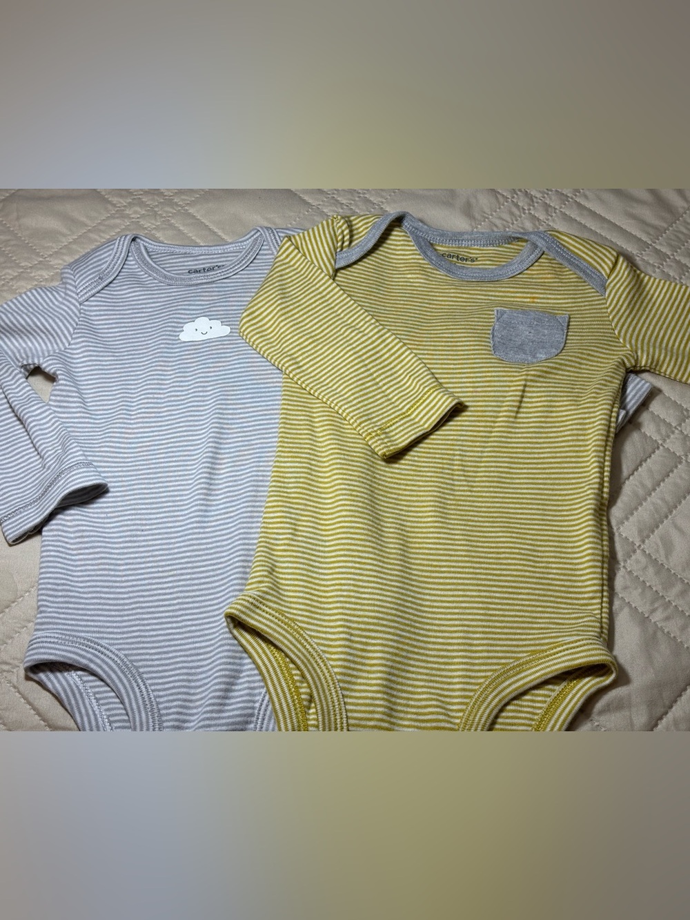 Carter's 6M Yellow and Gray Stripe Long-Sleeve Onesies- 2 set